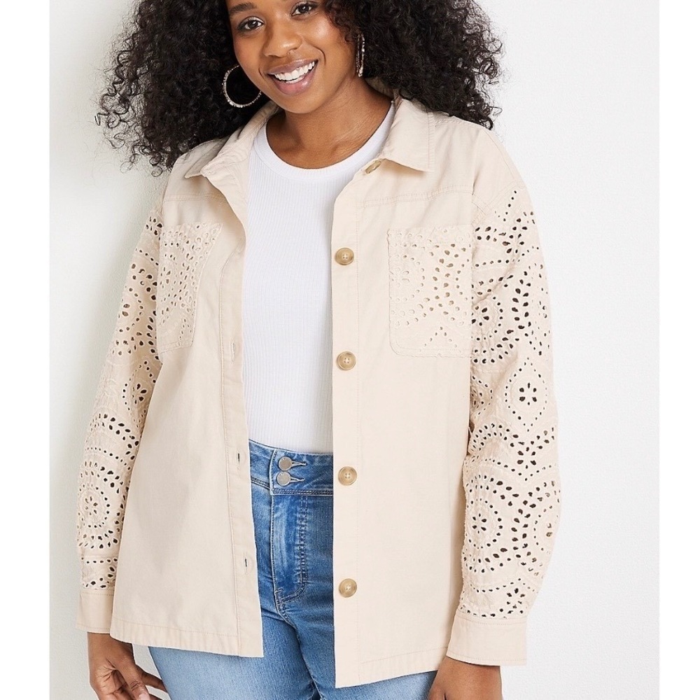 NWT Maurices Eyelet Twill Shirt Jacket Shacket XXL Beige Cotton Button Up Casual